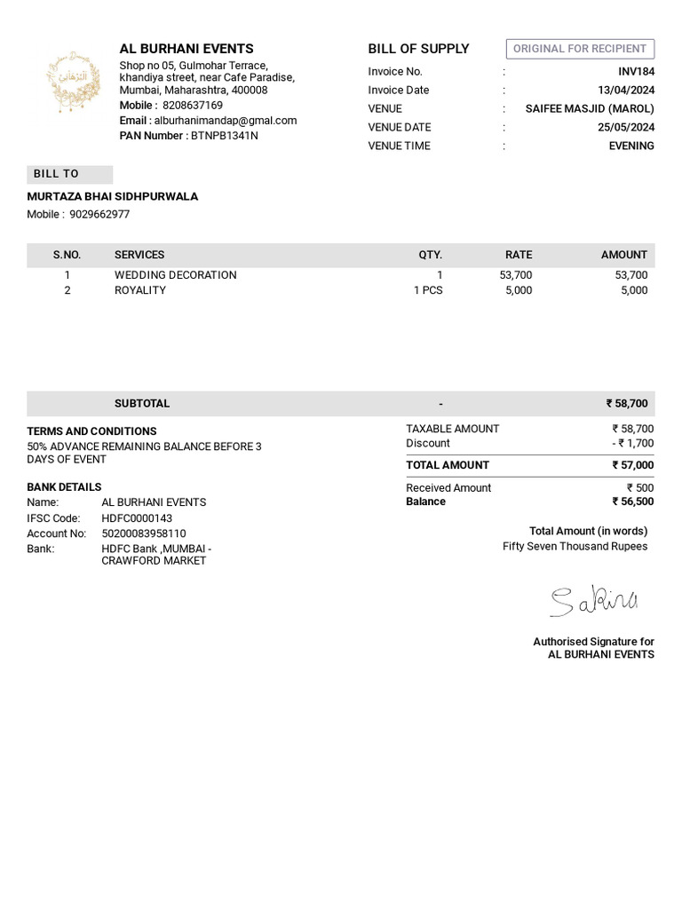 Invoice for Murtaza Bhai's Event | PDF