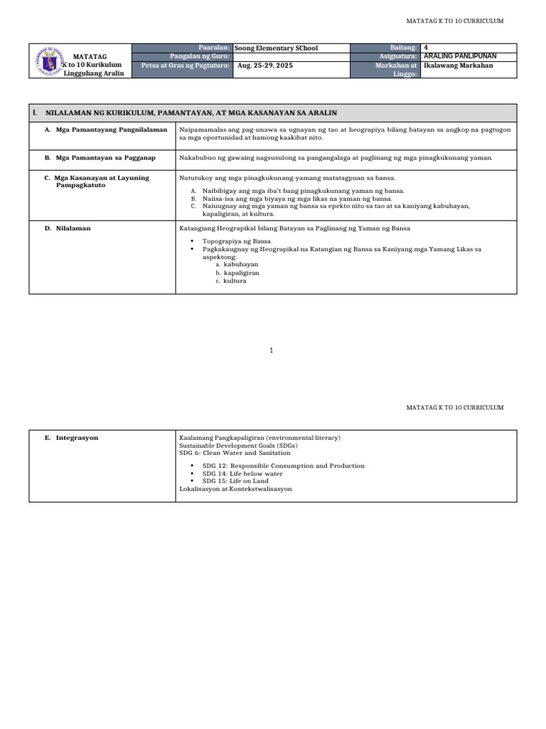 DLL Matatag - Araling Panlipunan 4 q2 w1 | PDF
