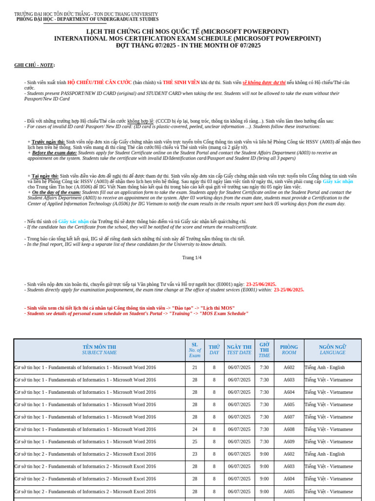 Chinh Thuc Lich Thi Mos Dot t07 2025 Exam Schedule Mos in The Month of ...