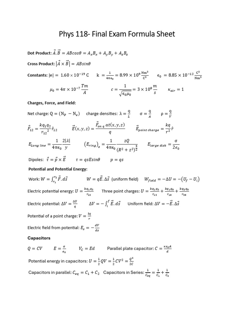Phys 118 Final Exam Formula Sheet | PDF | Magnetic Field | Electromagnetism