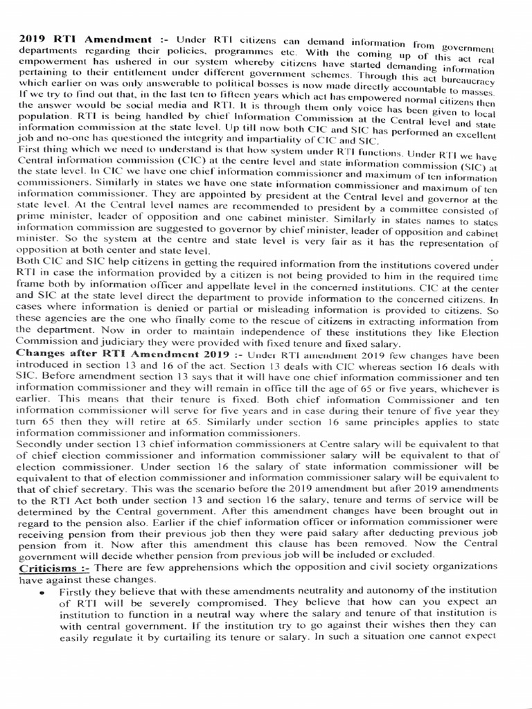 RTI Amendment 2019: Impacts and Criticisms | PDF | Public Law ...