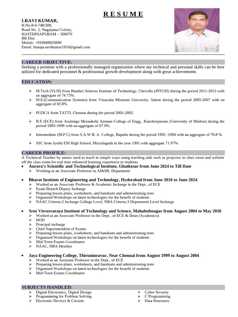 Ravi Kumar's Academic CV and Achievements | PDF | Electronics ...