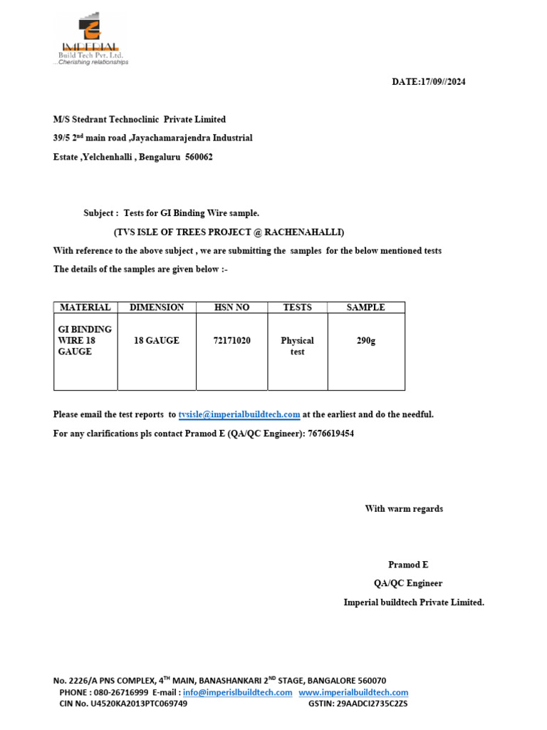 GI Wire & PVC Block Test Requests | PDF