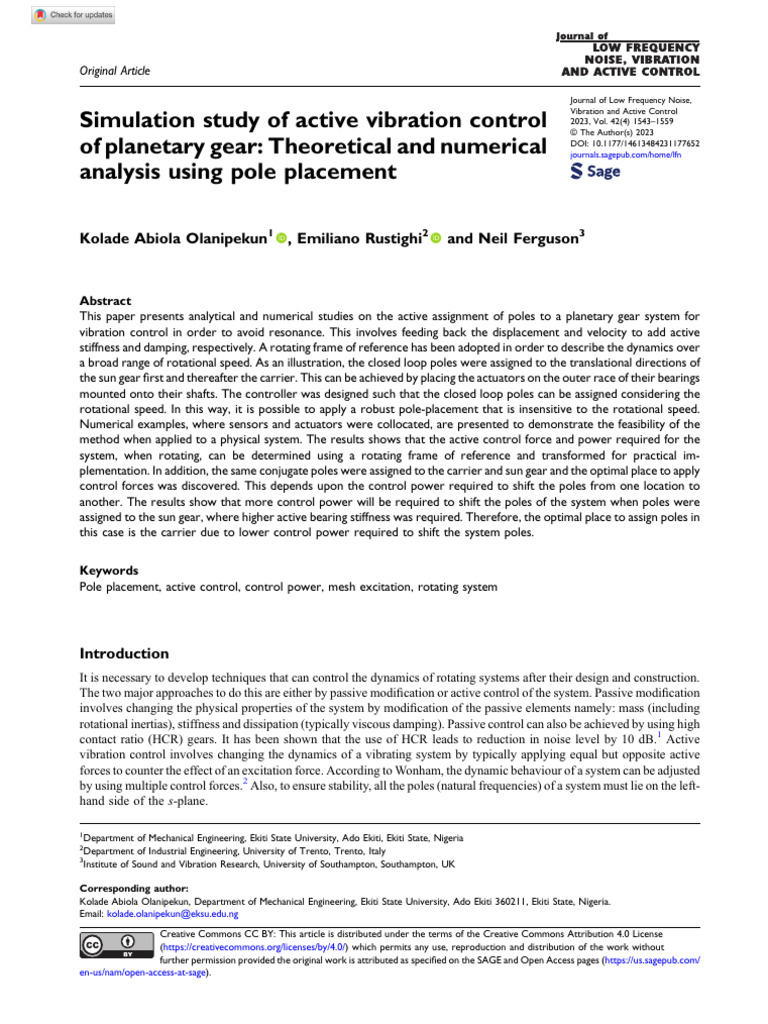 Olanipekun Et Al 2023 Simulation Study of Active Vibration Control of ...