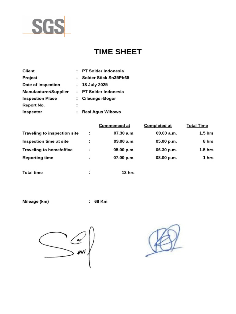 Time Sheet for Solder Inspection Report | PDF