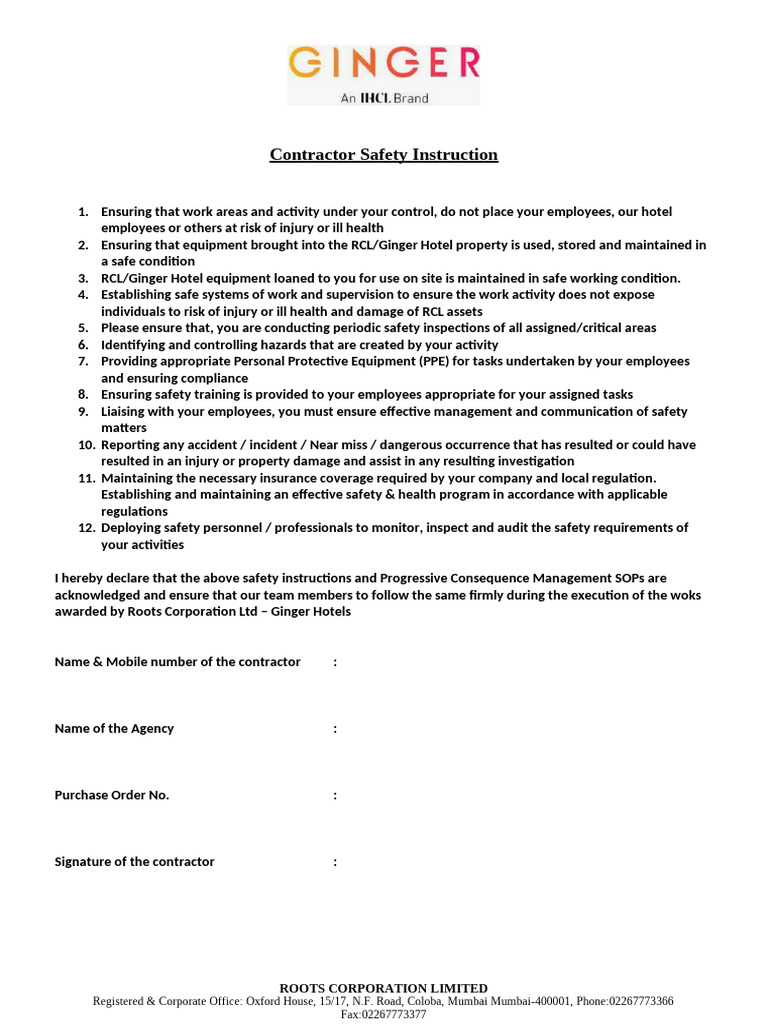 Contractor Safety Guidelines for Hotels | PDF | Occupational Safety And ...