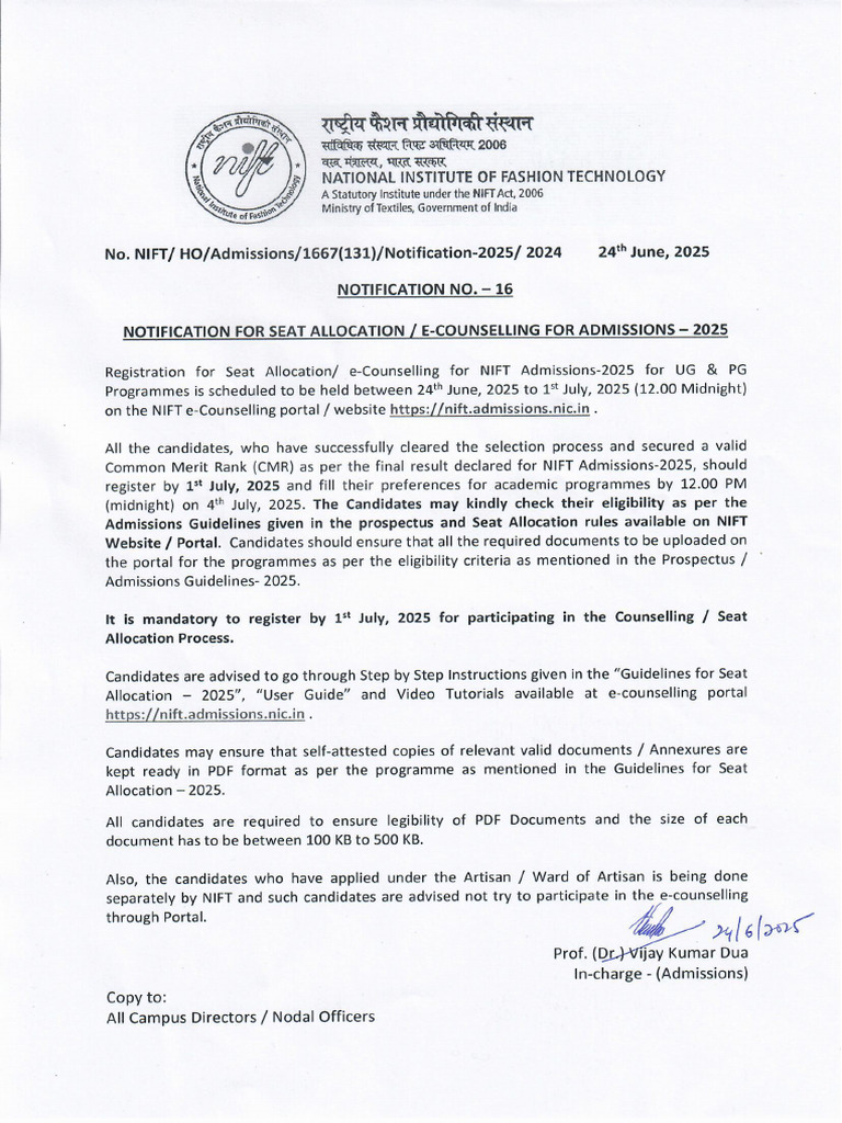 Notification For Seat Allocation | PDF