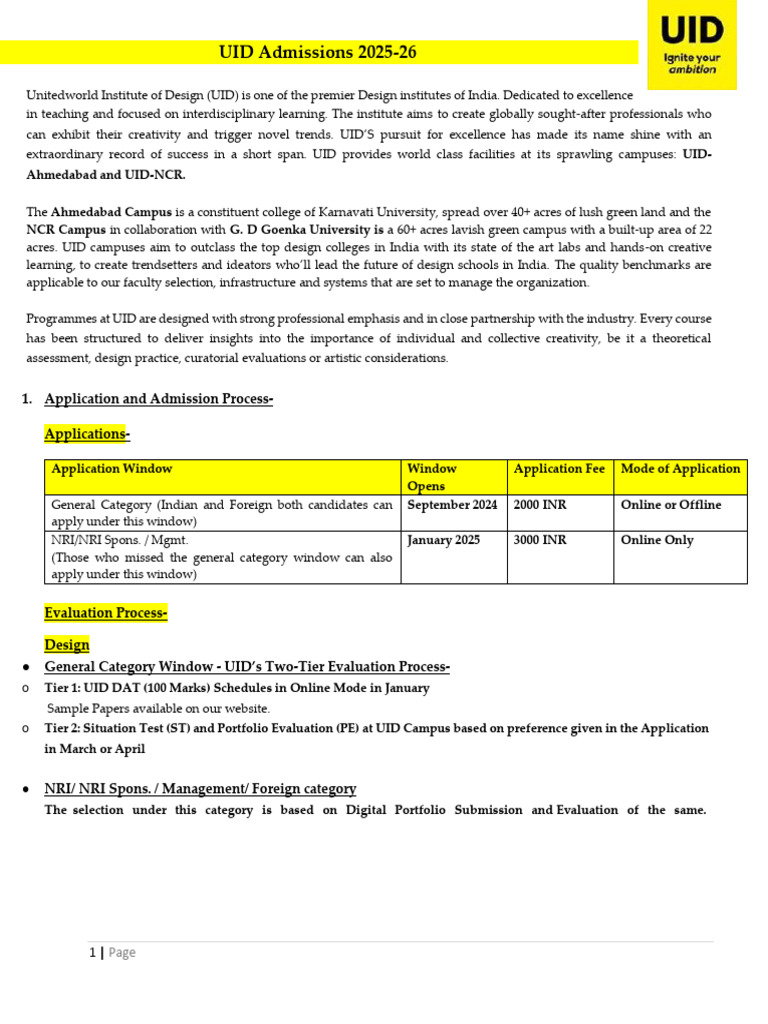 UID Admissions 2025-26 Overview | PDF