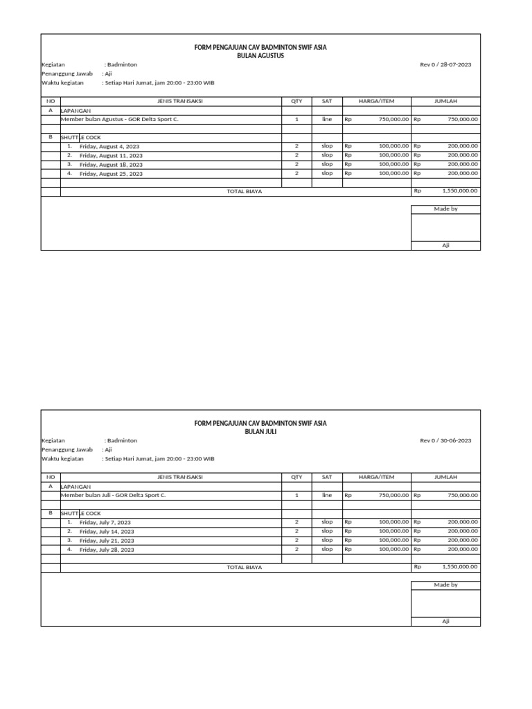 Formulir Pengajuan Badminton SWIF Asia | PDF