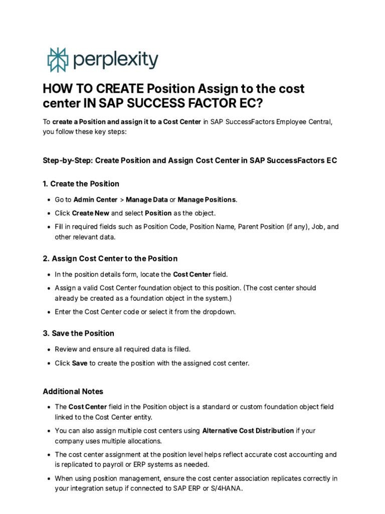Create Position & Assign Cost Center in SAP | PDF | Business