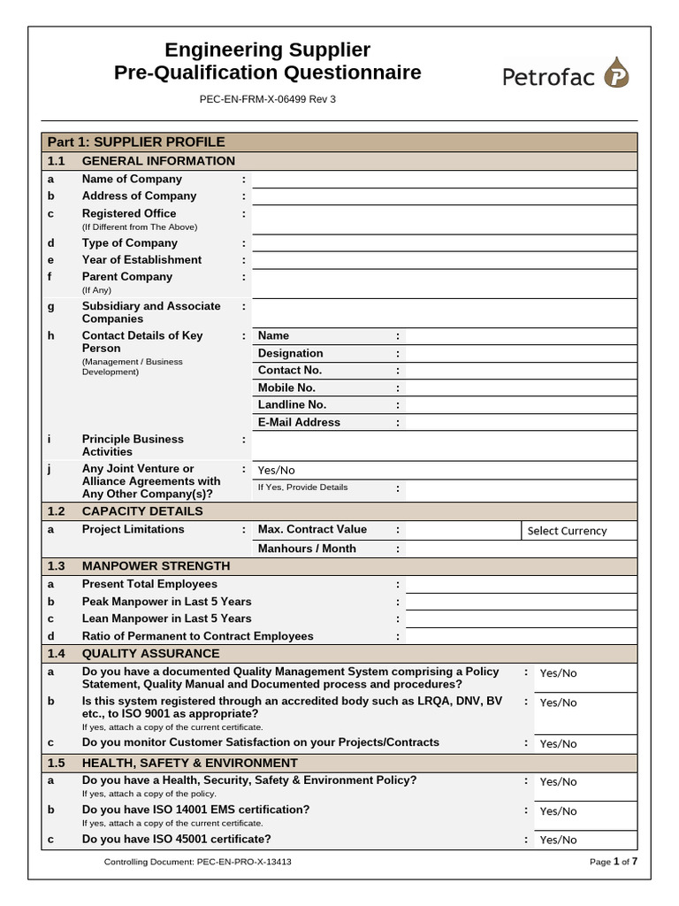 Engineering Supplier Pre-Qualification Form | PDF | Business | Computing