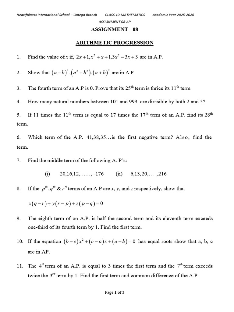 Class 10 Maths Assignment on AP 2025 | PDF | Arithmetic | Discrete ...