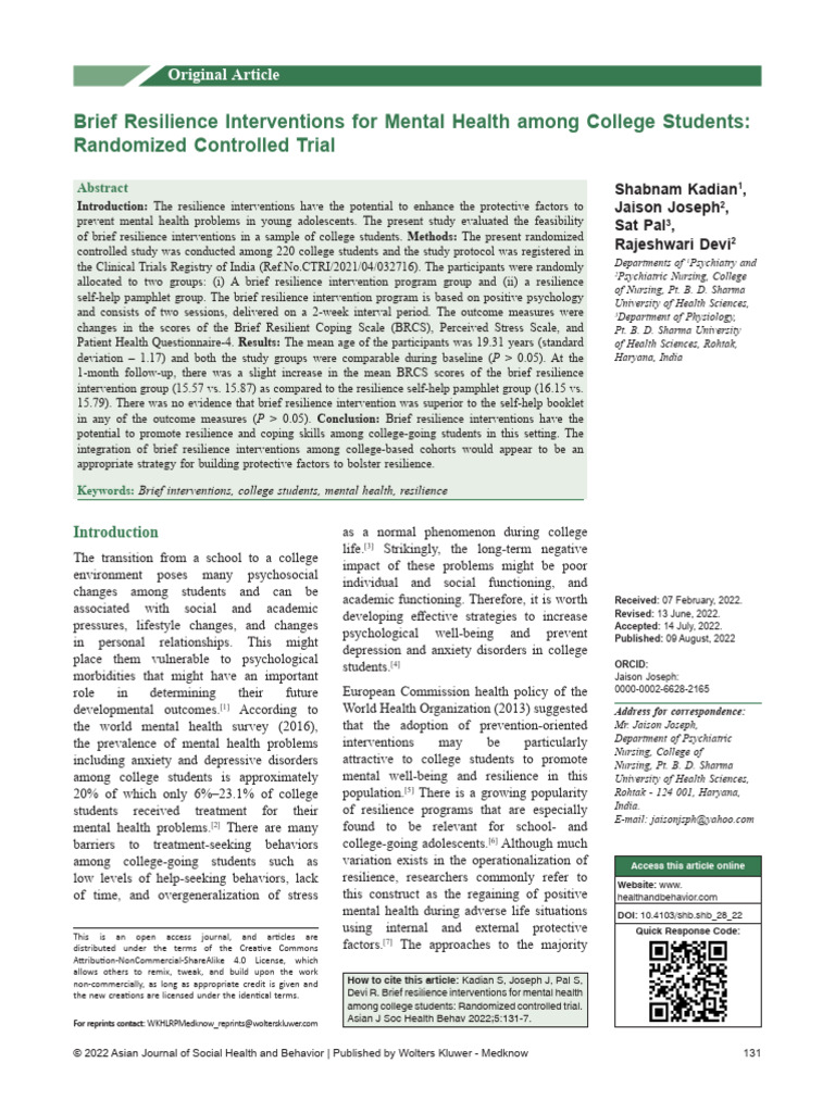 Resilience Interventions for College Mental Health | PDF ...