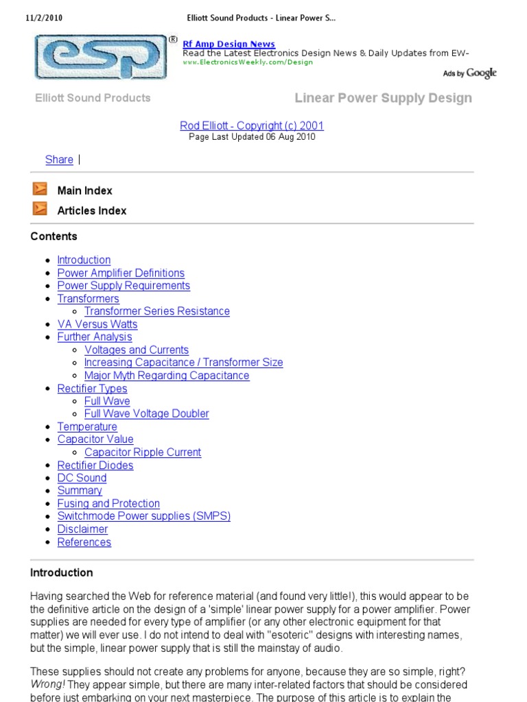 Elliott Sound Products Linear Power Supply Design PDF Amplifier Rectifier