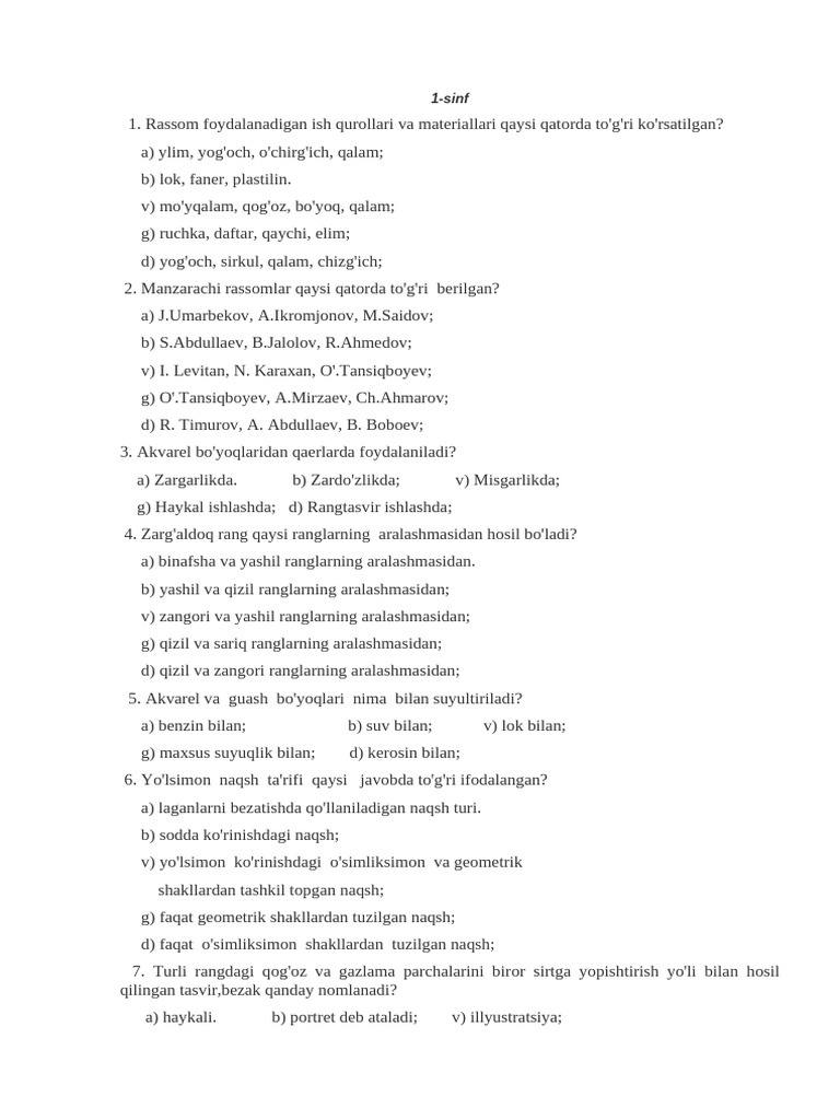 1 2 3 4 5 6 7 Sinf Tasviriy Sanat Fanidan Test Savollari | PDF