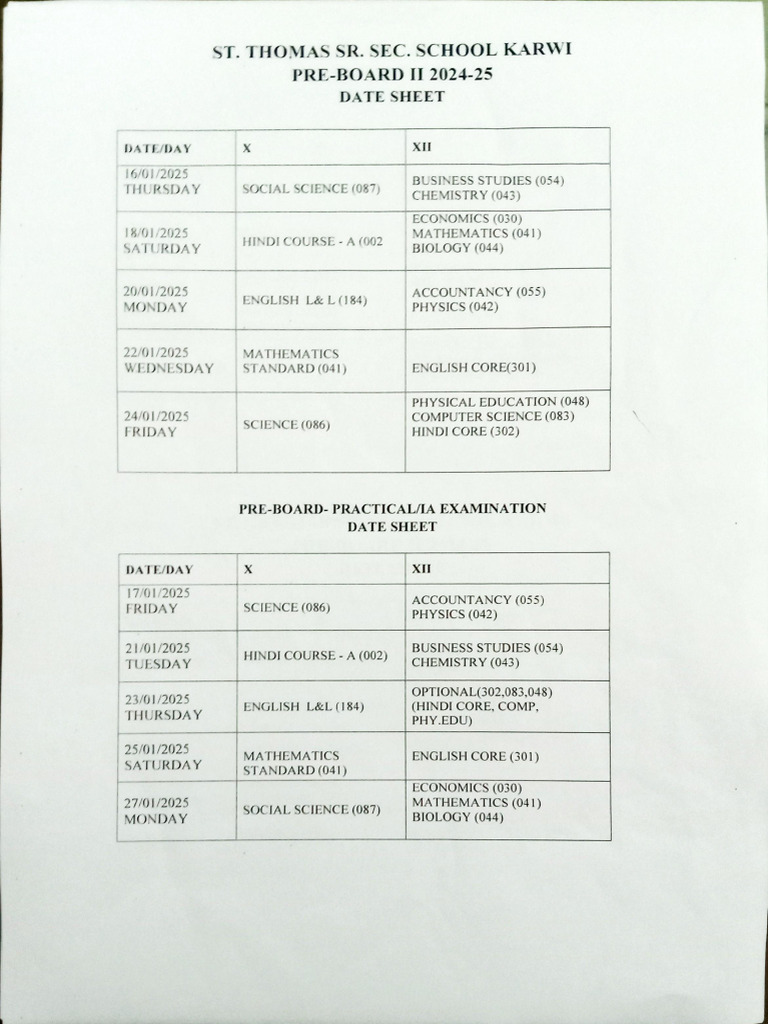 Pre - Board 2 Date Sheet | PDF