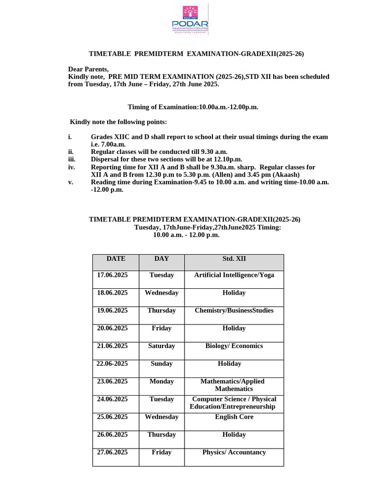 Grade XII Pre-Midterm Exam Timetable 2025 | PDF