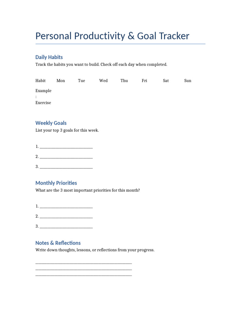 Personal Productivity Tracker Template | PDF