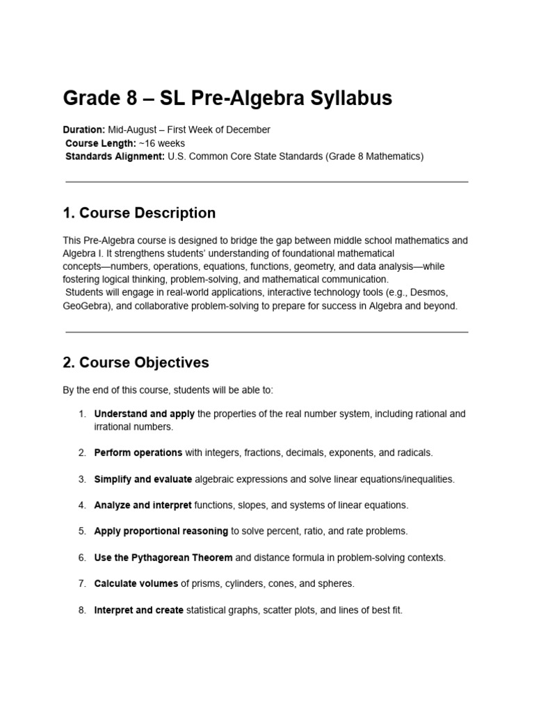 Grade 8 Pre-Algebra Course Overview | PDF | Mathematics | Algebra