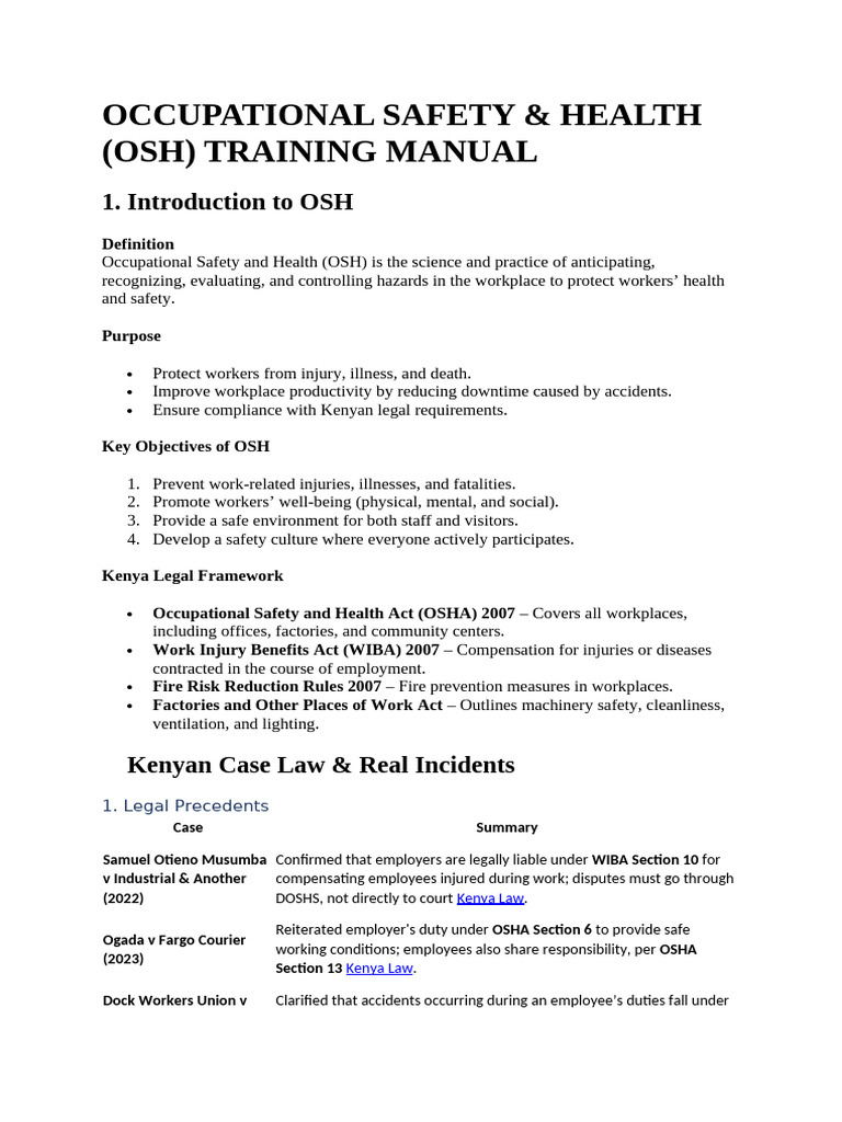 OSH Training Manual for Kenyan Workplaces | PDF | Occupational Safety ...