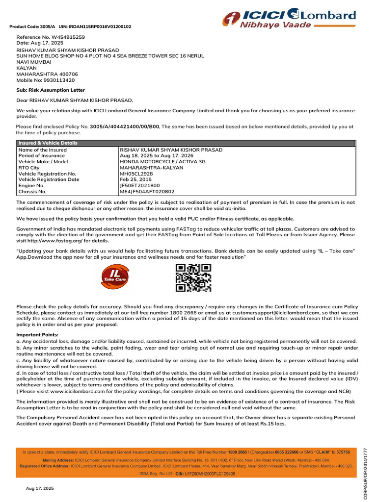 ICICI Lombard Risk Assumption Letter | PDF | Insurance | Pro Rata