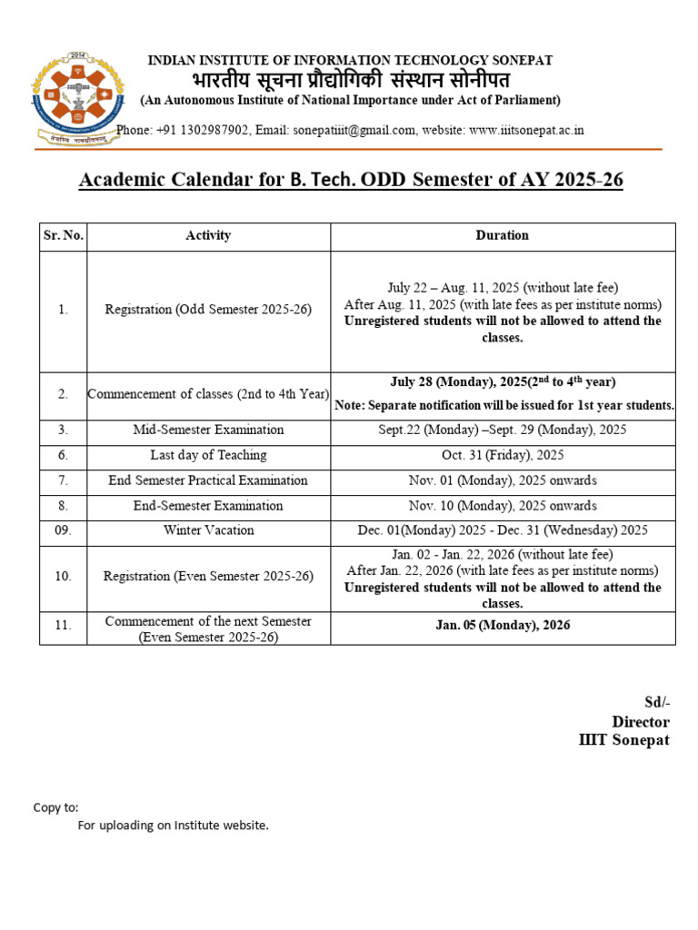 IIIT Sonepat Academic Calendar 2025-26 | PDF | Academic Term ...