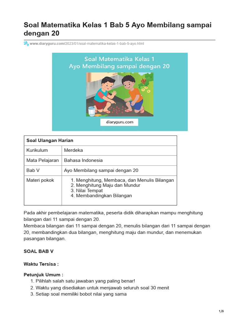 Soal Matematika Kelas 1 Bab 5 Ayo Membilang Sampai Dengan 20 | PDF