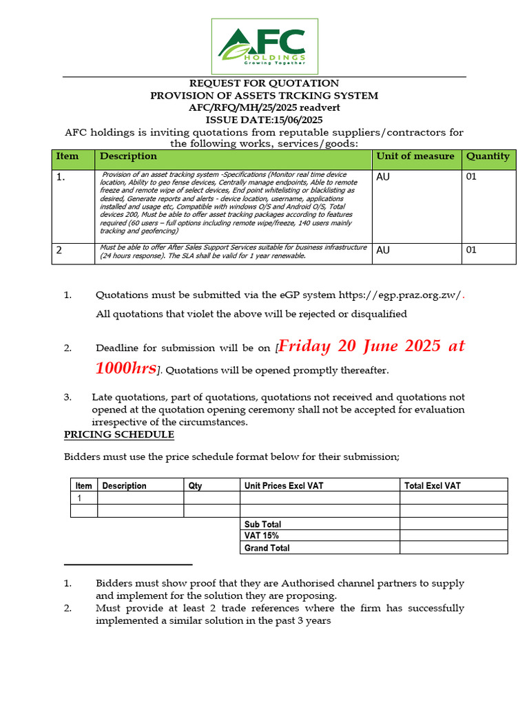 Asset Tracking System RFQ 2025 | PDF | Value Added Tax