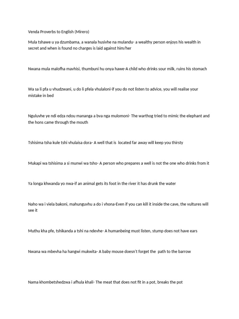 Venda Proverbs and Their Meanings | PDF | Organisms | Biology