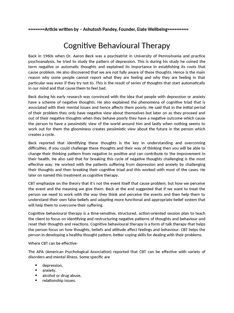 Understanding Cognitive Behavioral Therapy | PDF | Cognitive Behavioral ...
