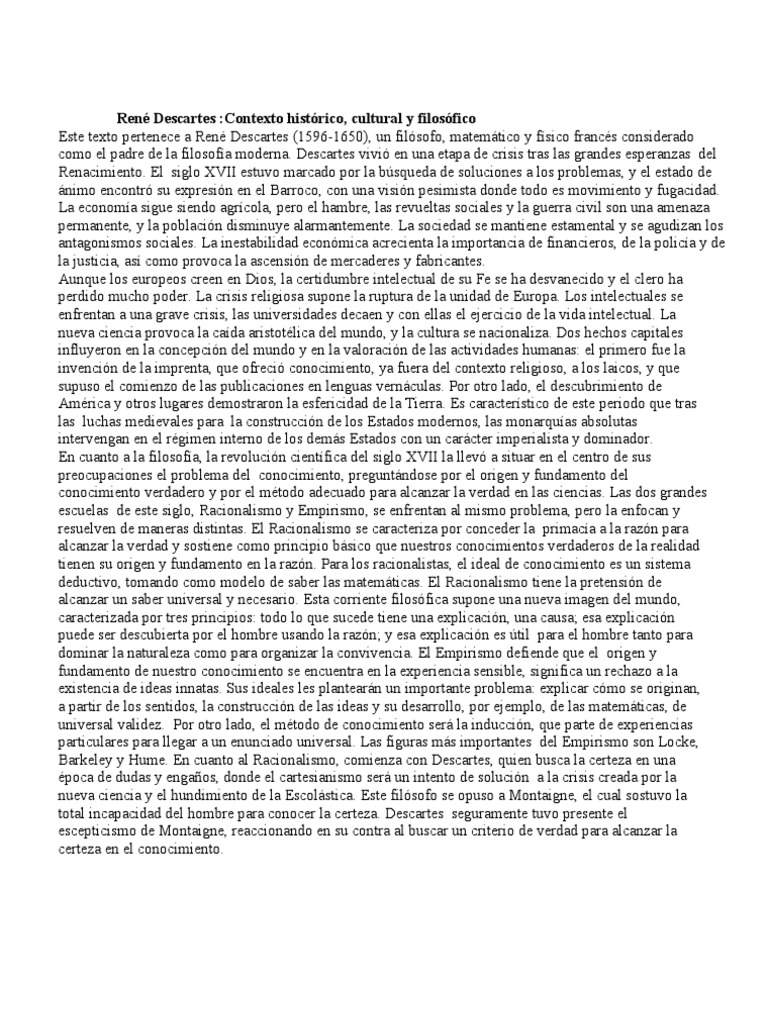 Descartes Contexto Historico, Cultural y Filosofico