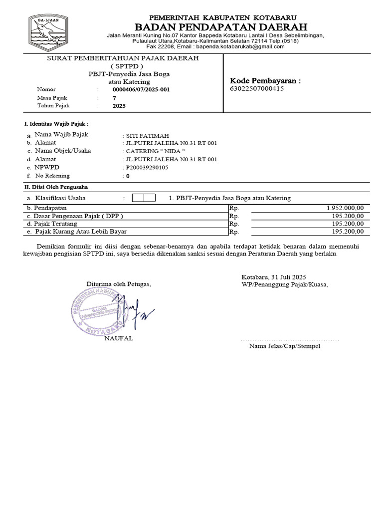SPTPD Pajak Daerah Katering Kotabaru | PDF