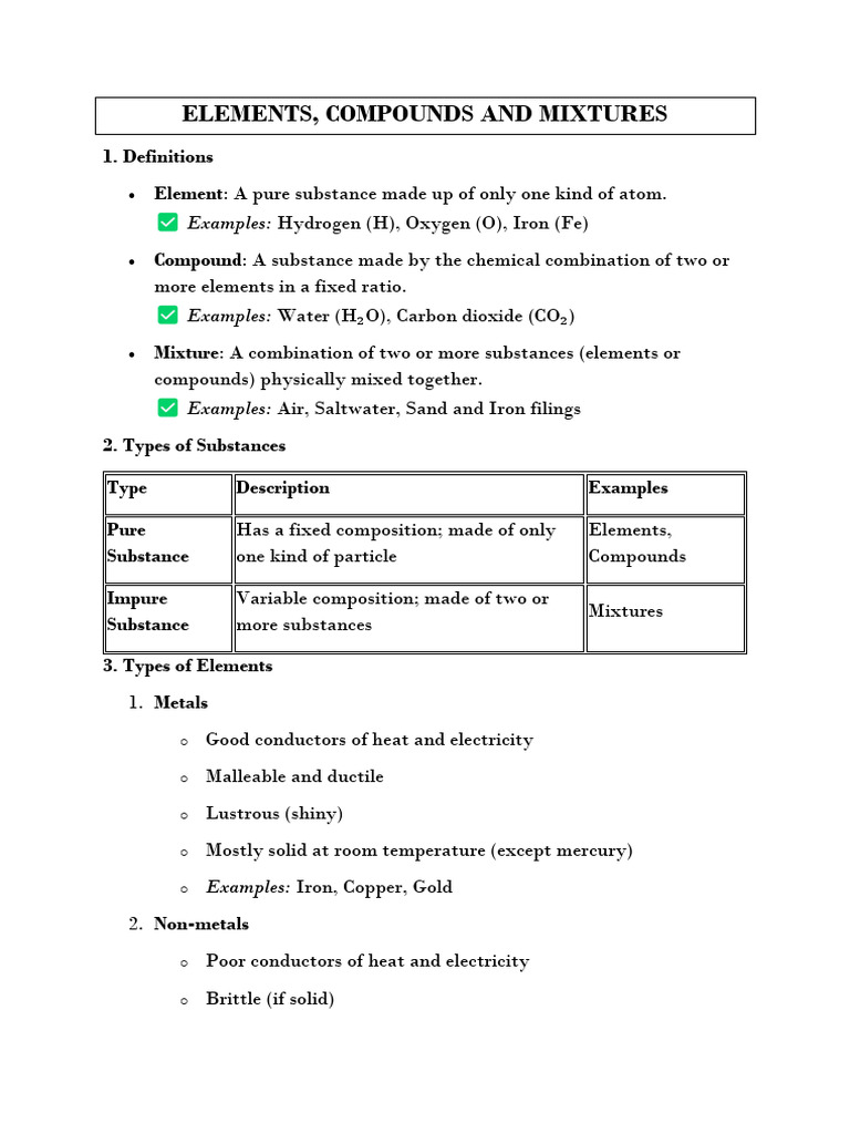 Class 7 Chemistry (Elements, Compounds and Mixtures) Notes | PDF ...