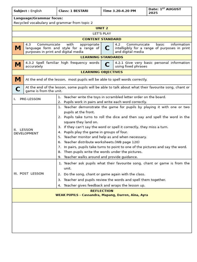 English Lesson Plan: Let's Play Activities | PDF | Learning | Human ...