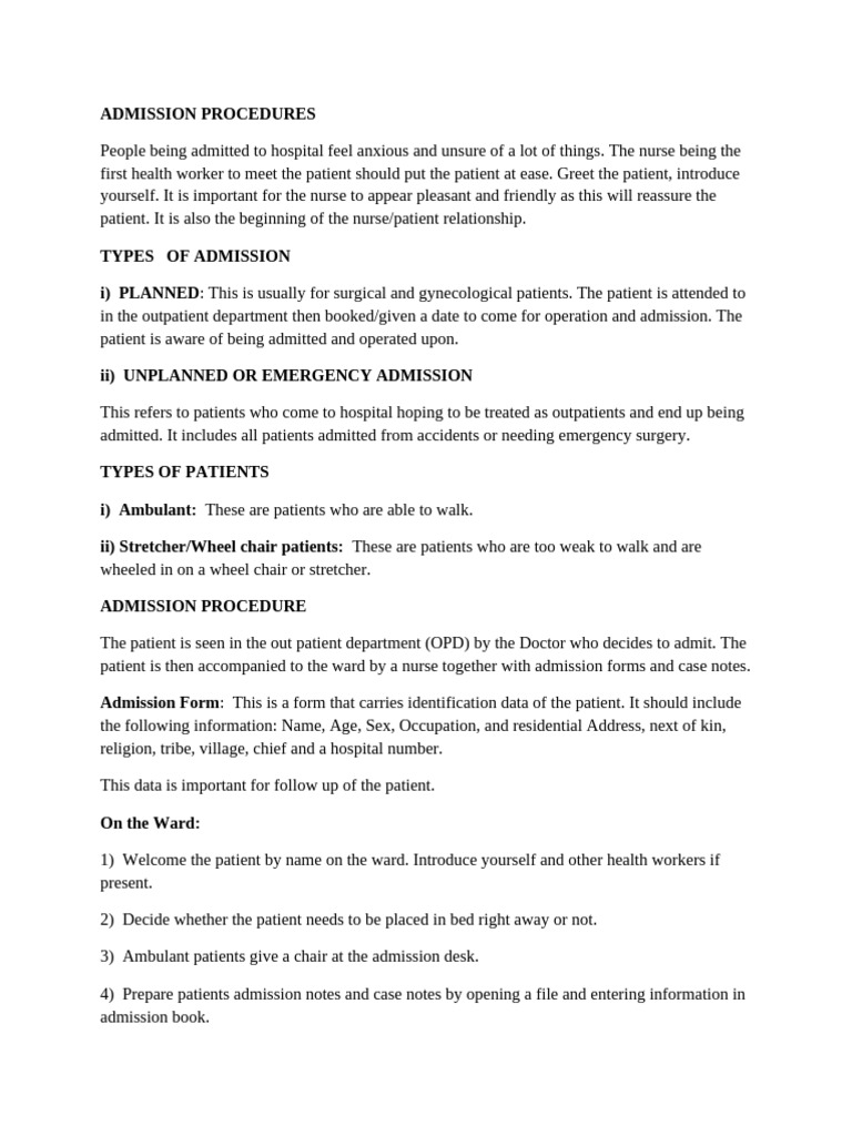 Patient Admission Procedures Overview | PDF | Hospital | Patient