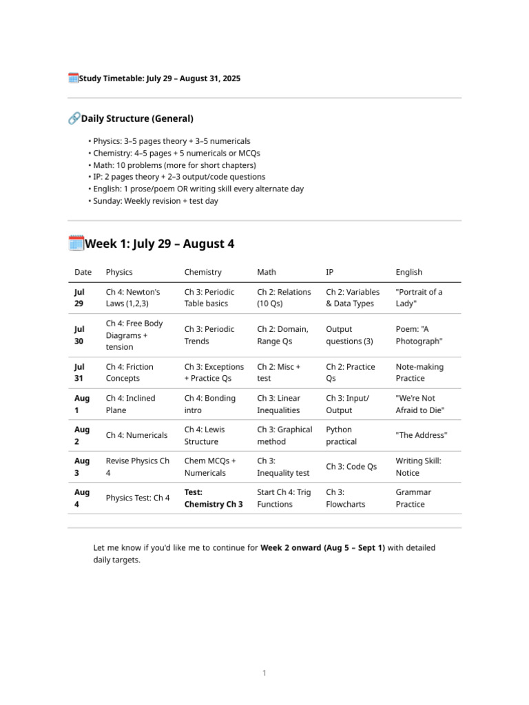 Study Timetable: July-August 2025 | PDF