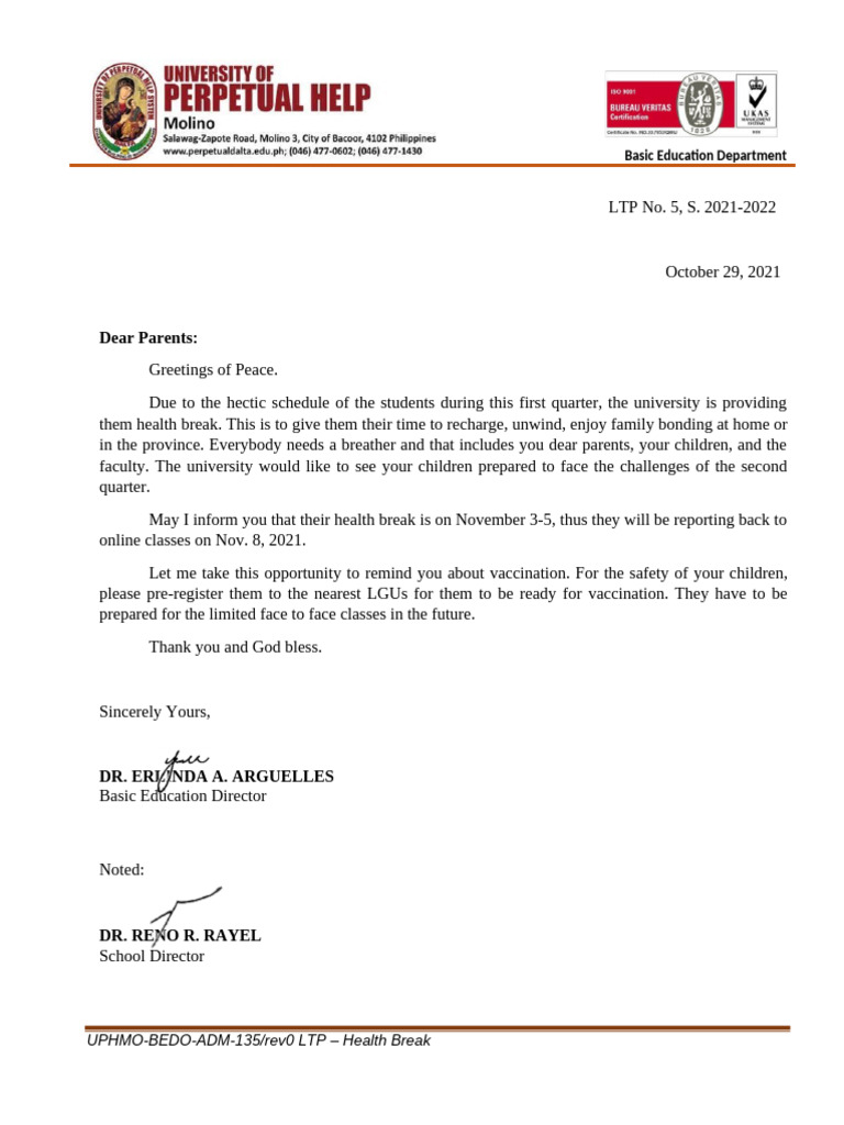 DepEd Memo: Health Break Schedule | PDF
