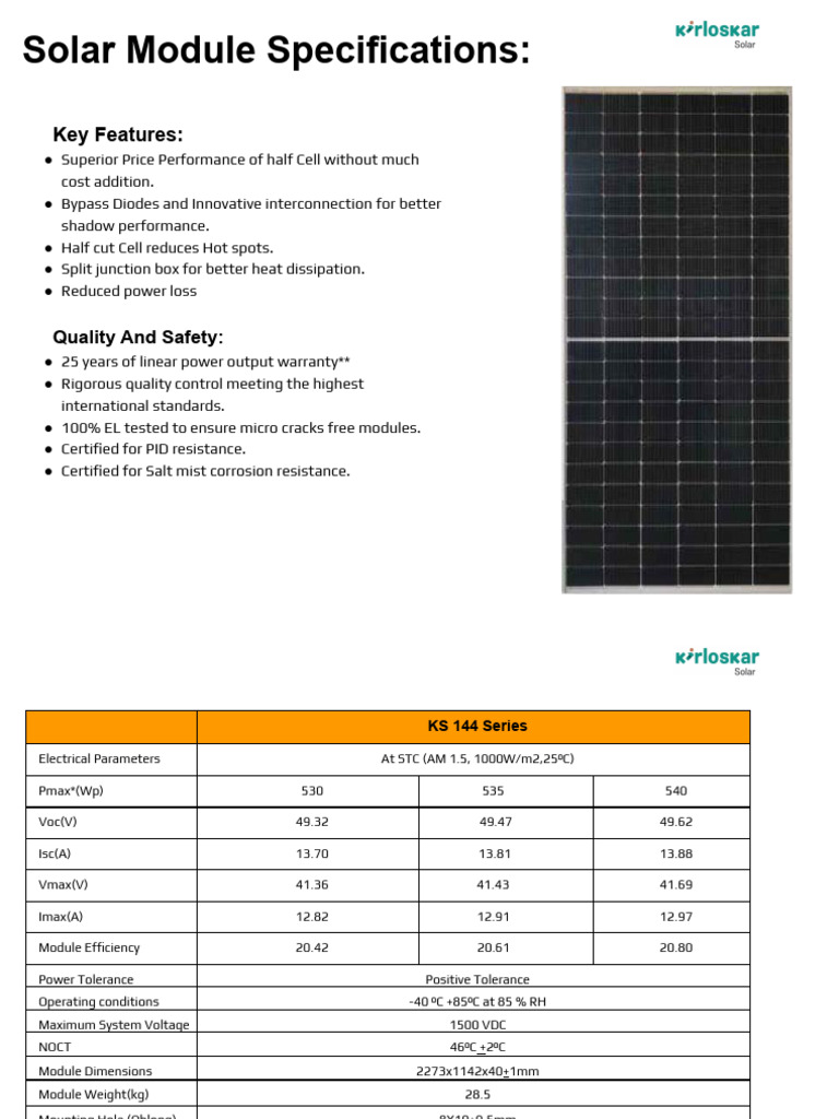 まーるページ Kirloskar 540W Solar Panel Specs | PDF