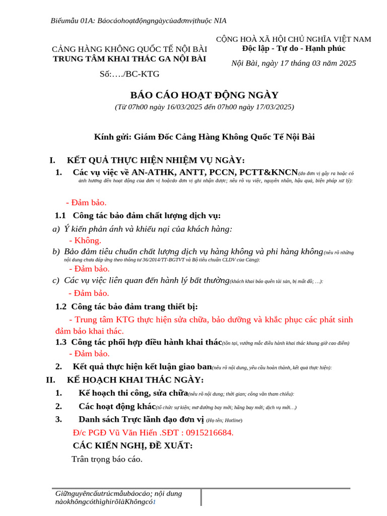 Báo Cáo Ho T Đ NG Bay Hàng Ngày C A TTKTG Ngày 17-03-2025 | PDF