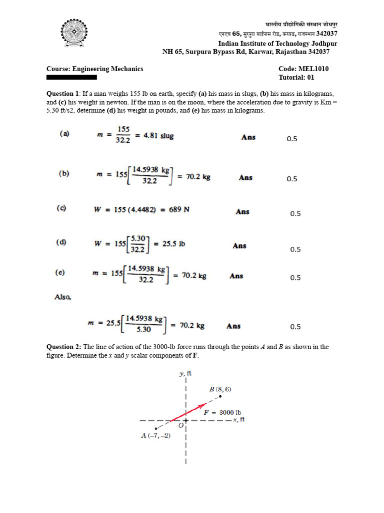 IIT Jodhpur Engineering Mechanics Tutorial | PDF | Weight | Force