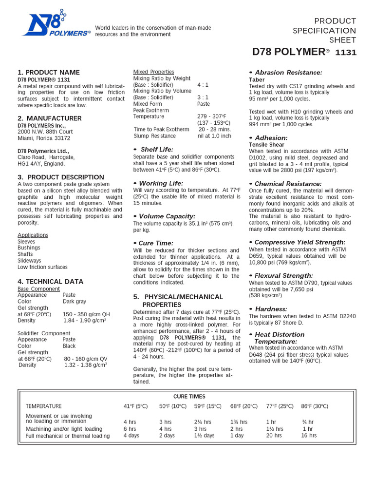 D78 Polymer® 1131 Product Overview | PDF | Strength Of Materials | Polymers