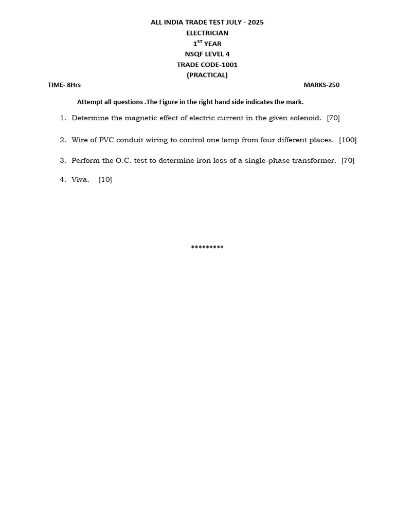 1st Year Electrician Practical Exam 2025 | PDF