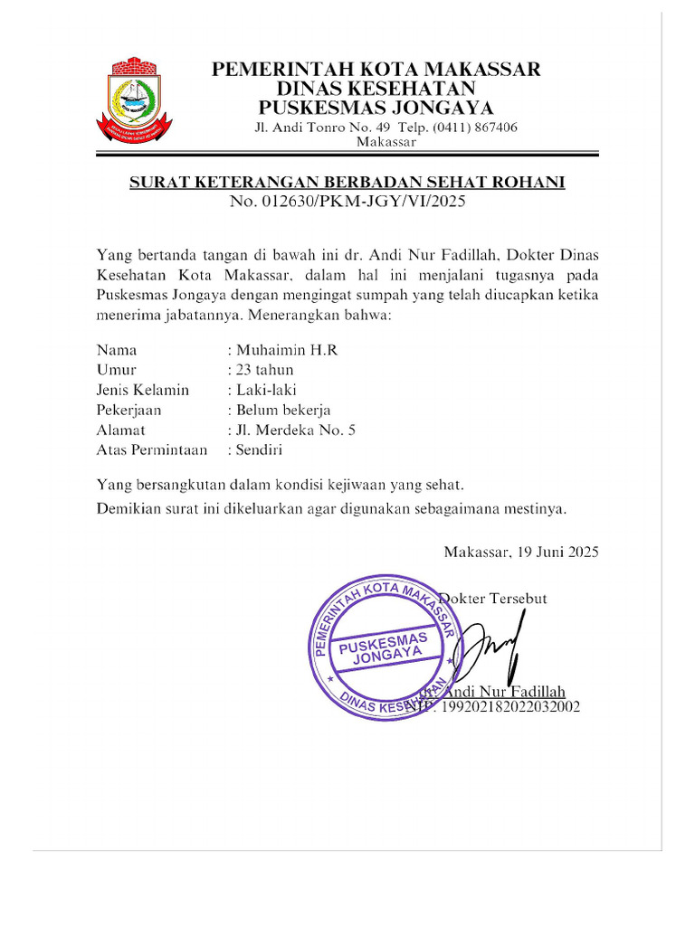 Surat Keterangan Sehat Rohani | PDF