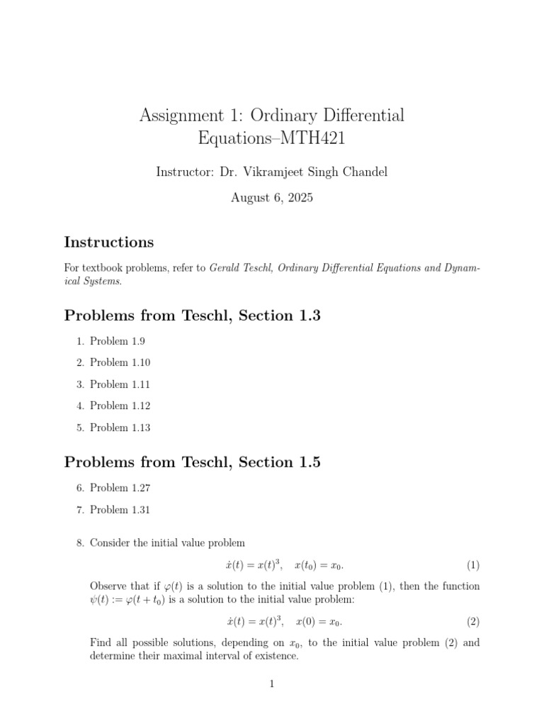 MTH421 Assignment 1: ODE Problems | PDF | Ordinary Differential ...