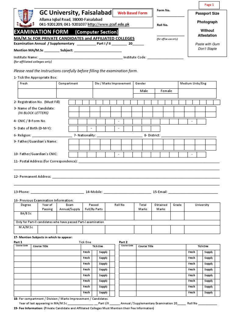 MA MSc Admission Form Master Of Arts Master Of Science