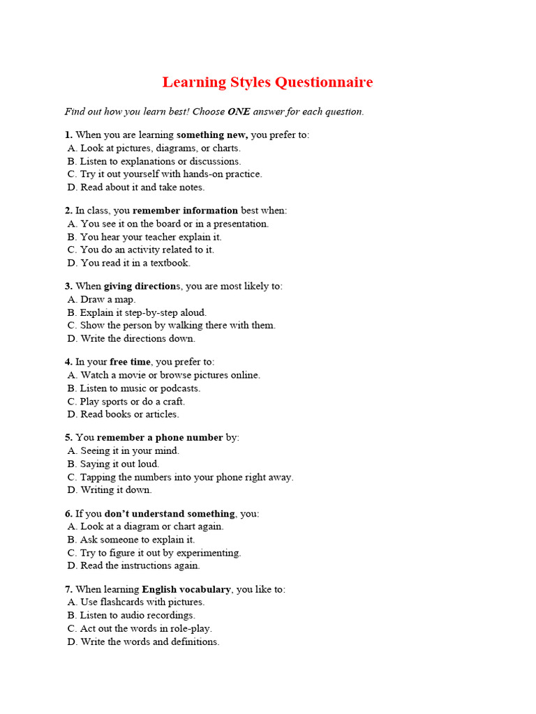 Learning Styles Questionnaire PDF | PDF | Learning Styles | Cognition