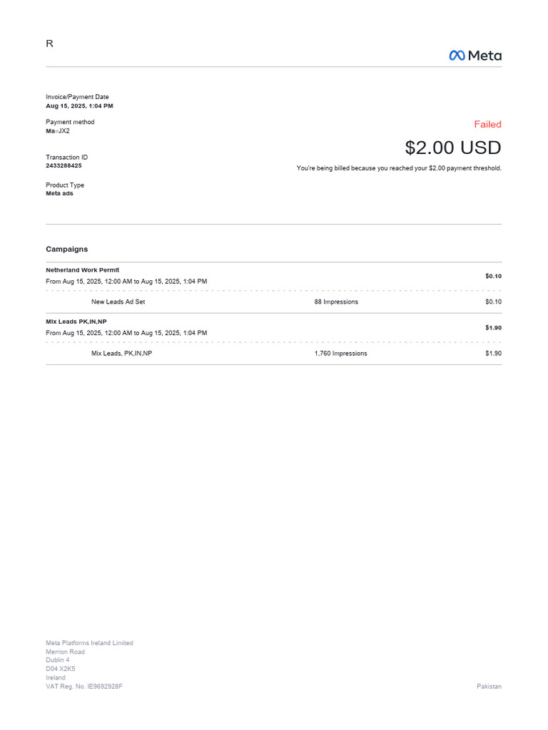 Meta Ads Payment Invoice Details | PDF