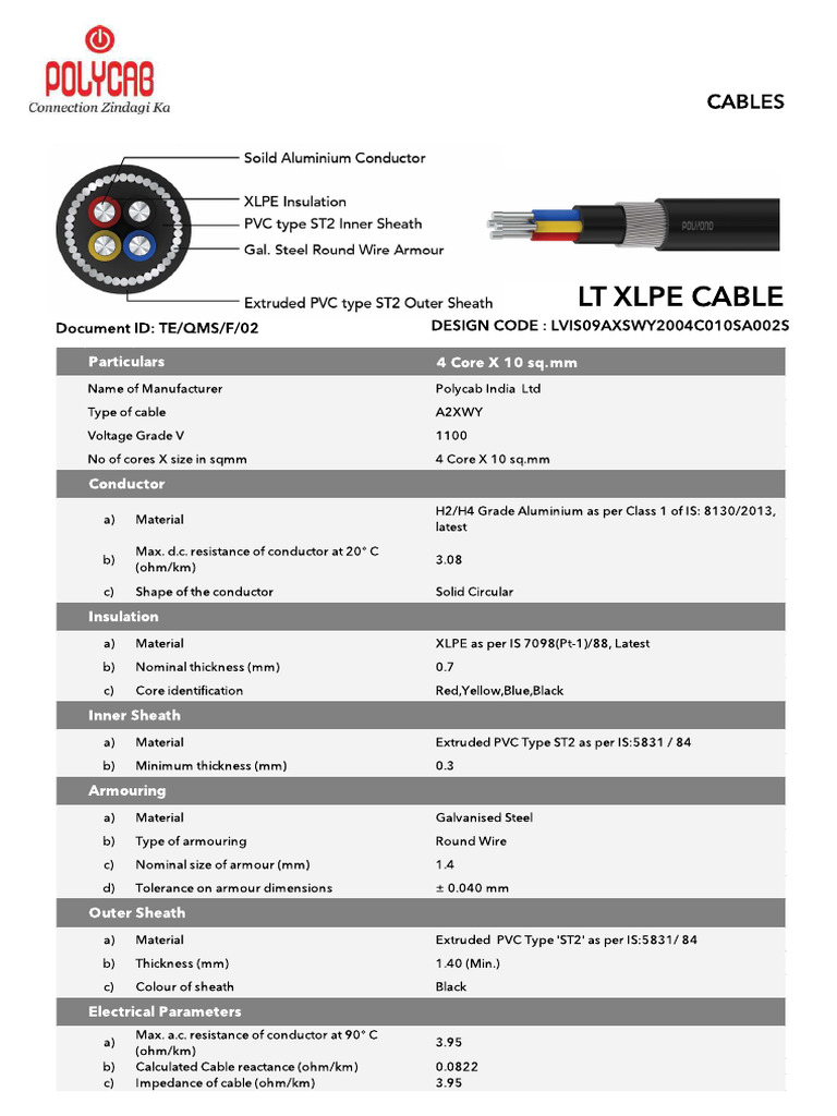 4cx10sqmm Al Ar XLPE Cable TDS | PDF