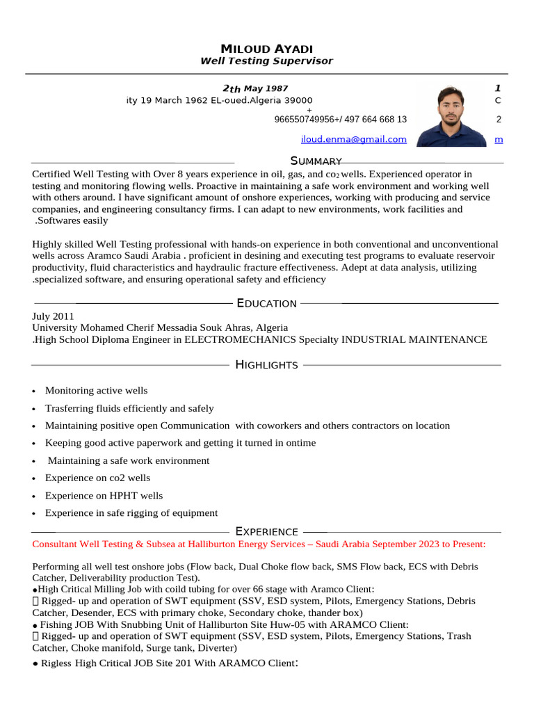 Miloud Ayadi CV Well Testing | PDF