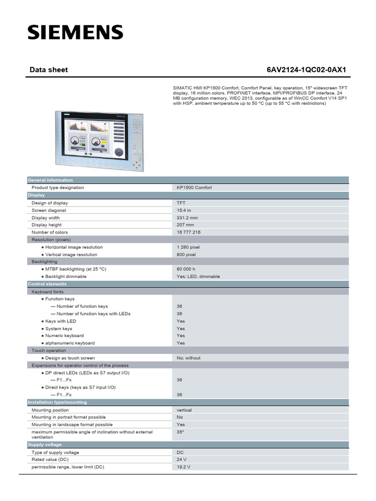 SIMATIC HMI KP1500 Comfort Data Sheet | PDF | Usb Flash Drive | Memory Card
